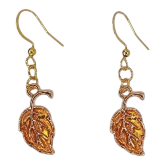 Gold Fall Leaf Earrings Autumn Jewelry Enamel Dangle Earrings Gift for Her - Picture 1 of 4